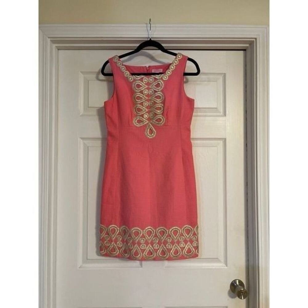 Lilly Pulitzer Womens Mini Dress Sz 4 Adelson Shift Coral Gold Appliqué